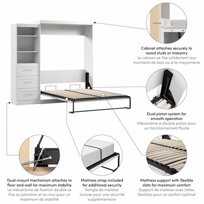Bestar Pur Queen Murphy Bed with Shelving Unit and Drawers (90W), White (26869-17)