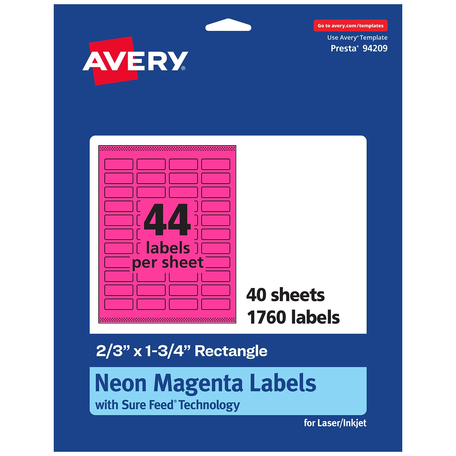 Avery Rectangle Laser/Inkjet Multipurpose Labels, 2/3 x 1-3/4, Neon Magenta (1760/Box)