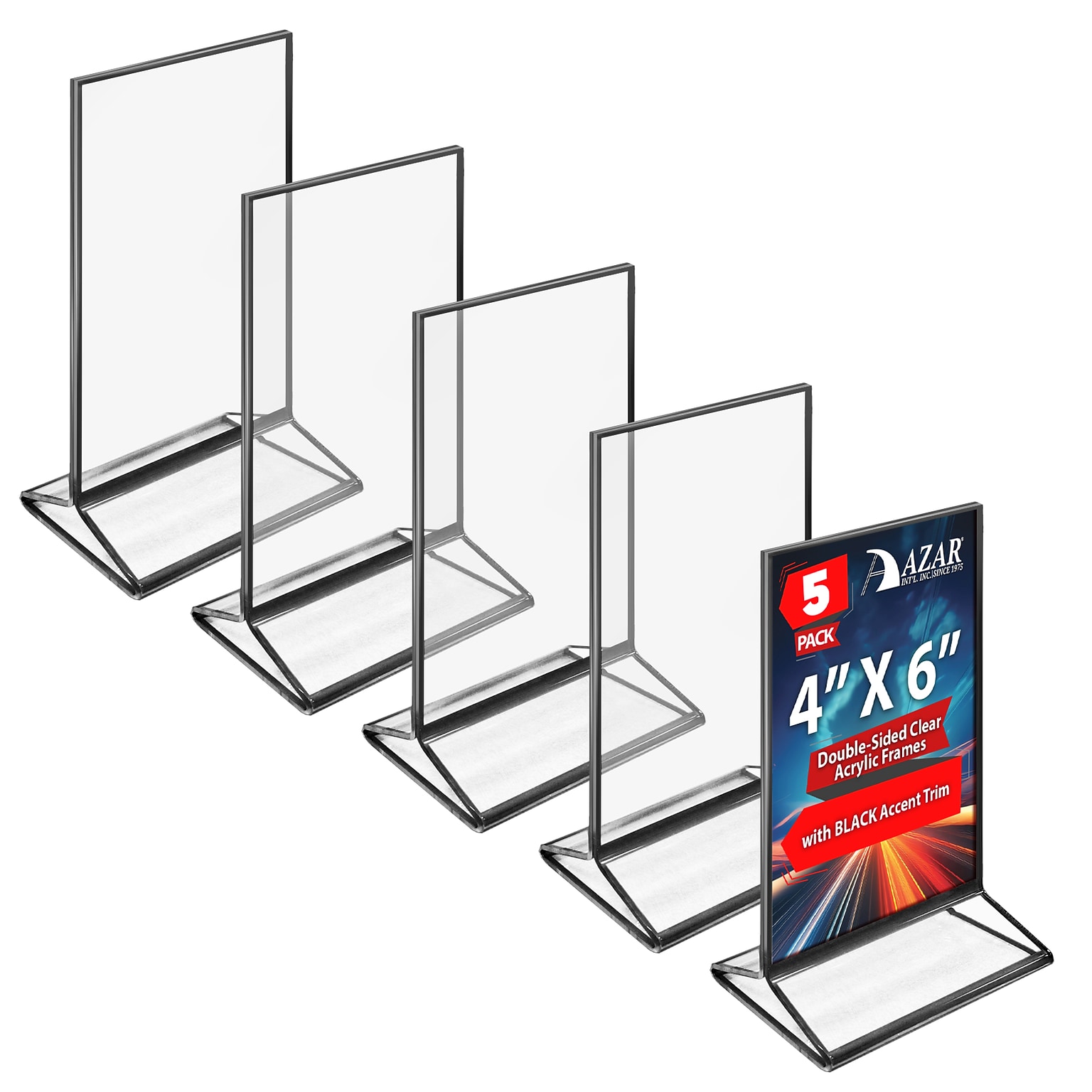 Azar Card Holder, Desktop/Countertop, Top/Side Loading Acrylic, 5/Pack (152792-BLK-5PK)