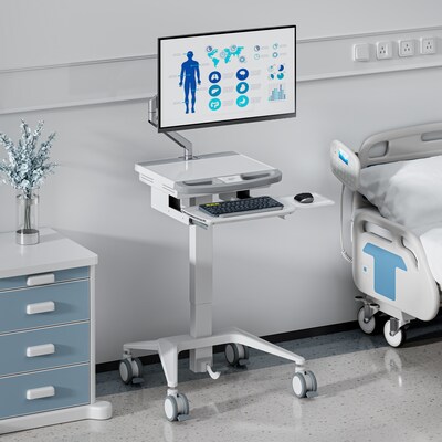 Mount-It! MedHub Mobile Medical Cart Workstation with Spring Arm Monitor Mount and Locking Caster Wheels, White/Grey (MI-16016)