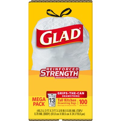 CloroxPro Glad ForceFlex 13 Gallon Tall Kitchen Trash Bag, 8.75" x 9.06", Low Density, .95 mil, White, 100 Bags/Box (CLO 78526)