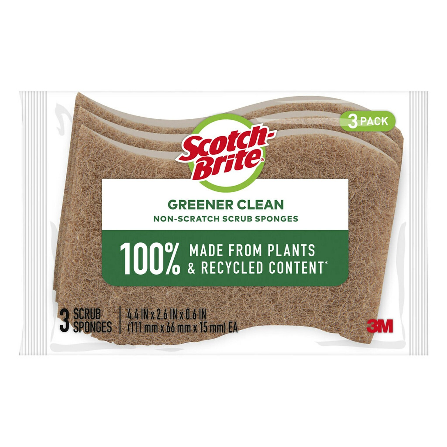 Scotch-Brite Greener Clean Non-Scratch Scrub Sponge, Tan, 3/Pack (97033)