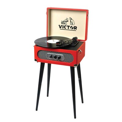 Victor Andover Dual-Bluetooth Belt-Drive 5-in-1 Suitcase-Style Record Player with Legs, Red (VWRP-3200-RD)