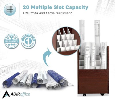 AdirOffice 20-Slot Mobile Roll File, Lockable, 24.75"H x 15.25"W x 13.25"D, Mahogany (624-MA-KIT1)