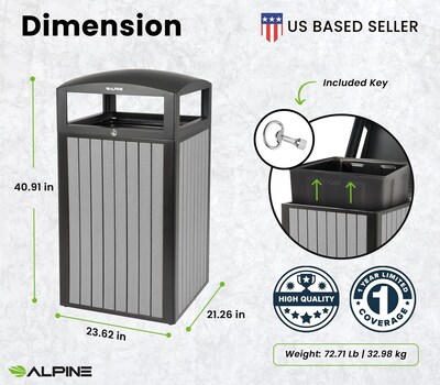 Alpine Industries Steel Outdoor Trash Can with Dome Lid, 40 Gallon, Gray (ALP471-40-WD-GRY)