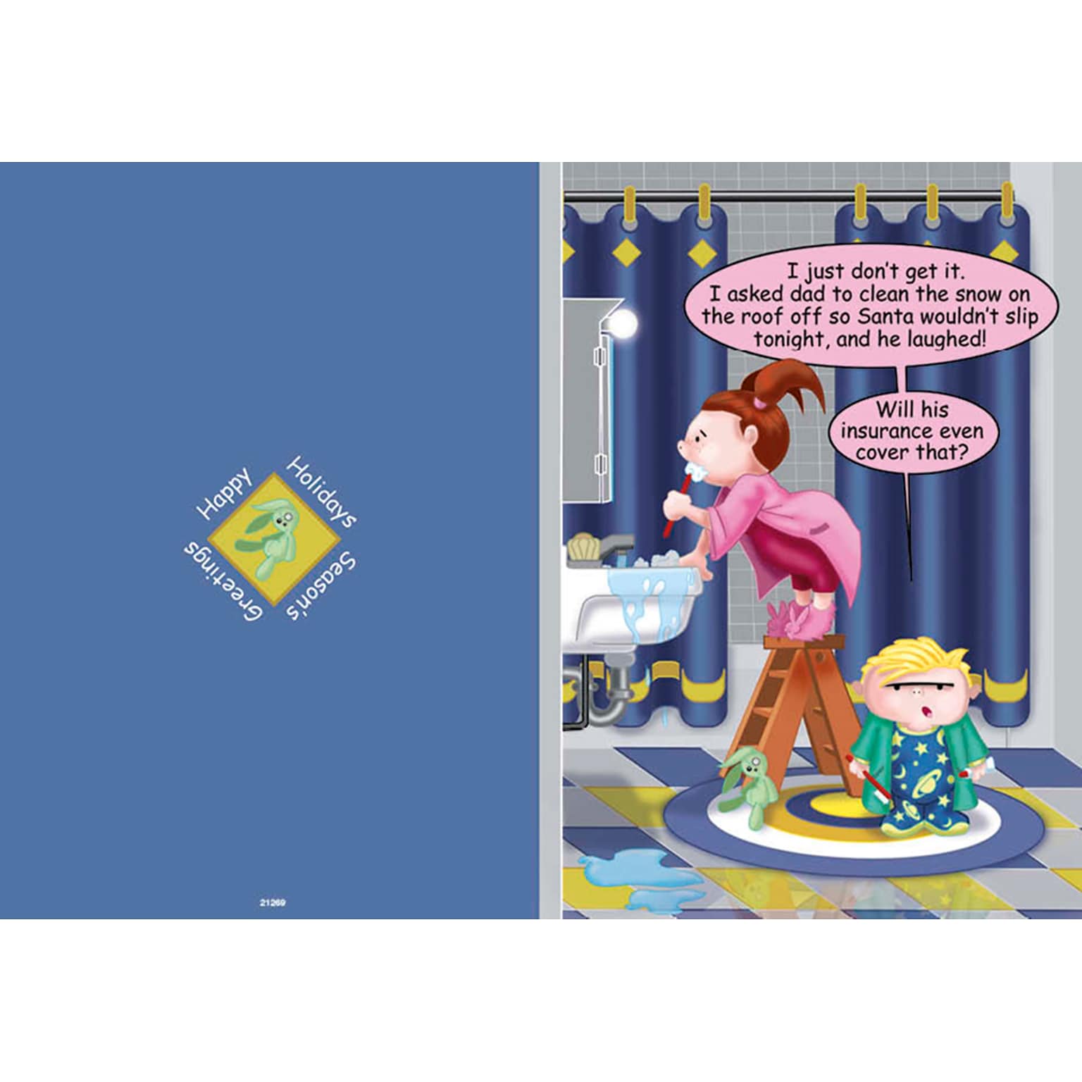 Happy Holidays - cartoon - girl brushing teeth - 7 x 10 scored for folding to 7 x 5, 25 cards w/A7 envelopes per set