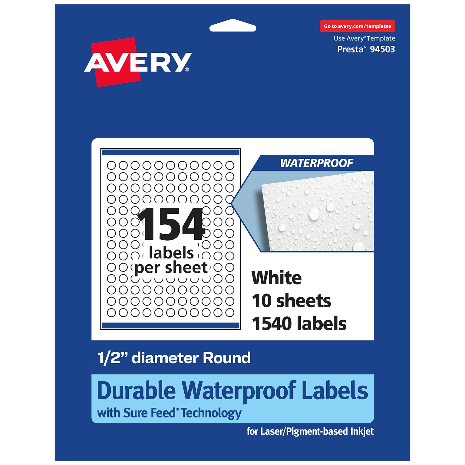 Avery Laser/Inkjet Round Multipurpose Labels, 0.5 Dia., White, 1,540 Labels/Pack (94503)