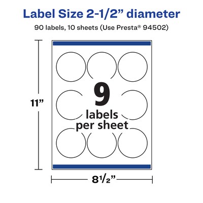 Avery Laser/Inkjet Round Multipurpose Labels, 2.5" Dia., White, 90 Labels/Pack (94502)