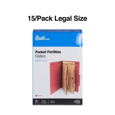 Quill Brand® 2/5-Cut Pressboard Classification Folders with Pockets, 2-Partitions, 6-Fasteners, Legal, Red, 15/Box (737030)