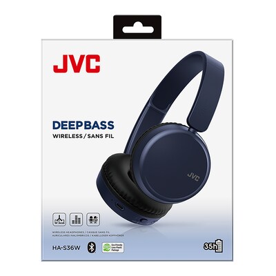 JVC Wireless On-Ear Foldable Headphones, Bluetooth, Blue (JVCHAS36WA)