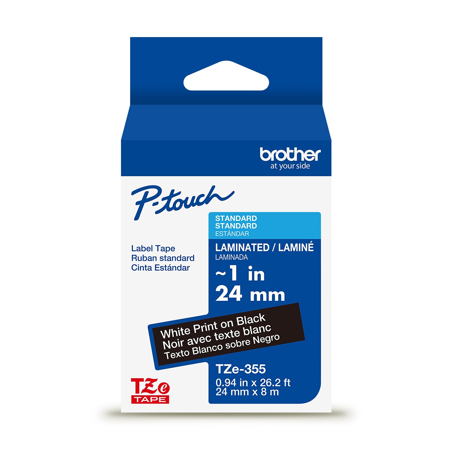 Brother P-touch Laminated Label Tape, ~1 x 26.2, White on Black (TZe355)