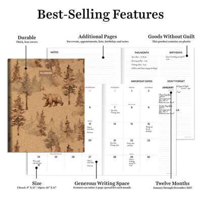2027 TF Publishing Bear Tracks 9" x 11"  Monthly Standard Planner, Paperboard Cover, Multicolored (27-4700)