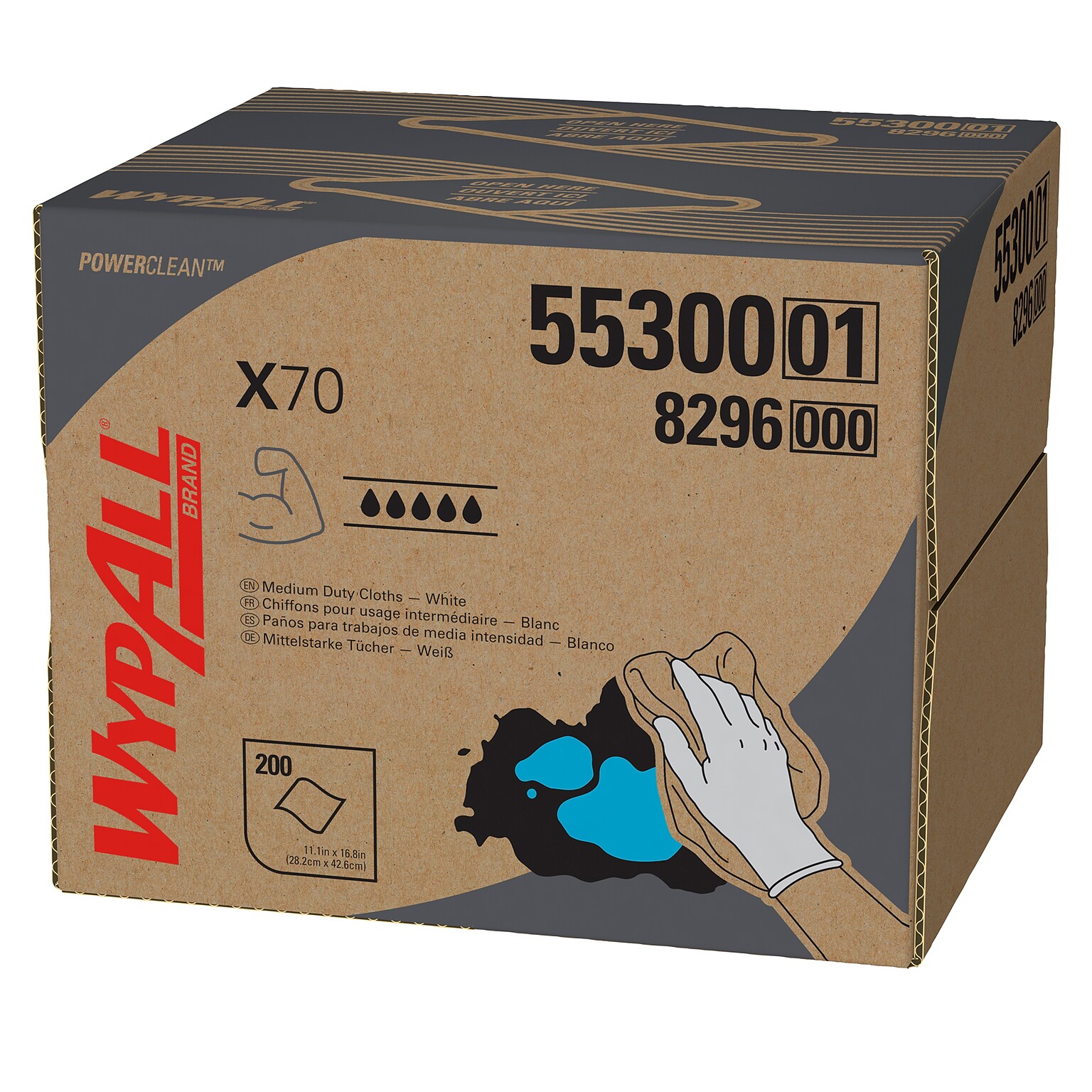 WypAll PowerClean X70 Cloths, 11.1 x 16.8, White, 200 Sheets/Box (55300)