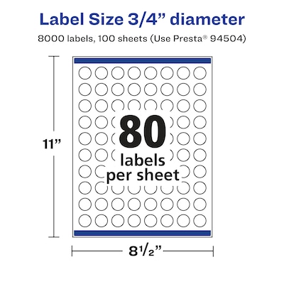 Avery Laser/Inkjet Circle  Waterproof Multipurpose Labels, 0.75"  Dia, White, 8000/Box (94504)
