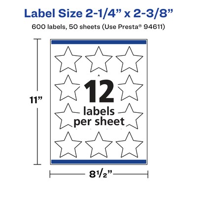 Avery Laser/Inkjet Multipurpose StarLabels, 2.375" Dia, Glossy Clear, 600/Box (94611)