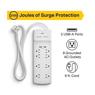 NXT Technologies™ 8-Outlet 2 USB Surge Protector, 6 Braided Cord, 2100 Joules (NX54317)