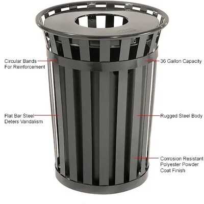 Global Industrial Outdoor Slatted Steel Trash Can w/ Flat Lid, 36 Gallon, Black (237726BK)