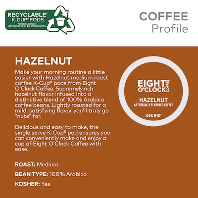 Eight O'Clock Hazelnut Coffee Keurig® K-Cup® Pods, Medium Roast, 96/Carton (64060)