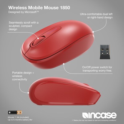 Incase Designed by Microsoft Wireless Mobile 1850 Ambidextrous Optical USB Mouse, Flame Red (U7Z-00031)