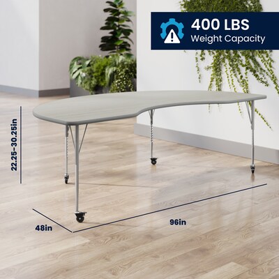 Flash Furniture Wren Kidney Activity Table, 96" x 48", Height Adjustable, Light Gray Top/Silver Frame (XUA4896KDLGTAC)