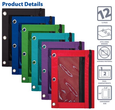 Better Office Zipper Pencil Pouch, Assorted Colors, 12/Pack (80712)