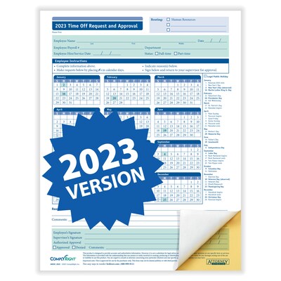 ComplyRight 2023 2-Part Time Off Request and Approval Form, Pack of 50 (A0030)