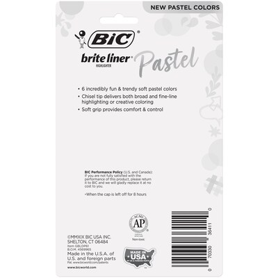 BIC Brite Liner Stick Highlighter with Grip, Chisel Tip, Assorted Pastel Colors, 6/Pack (GBLDP61-AST )