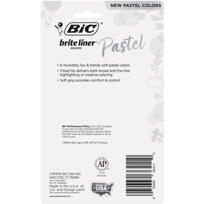 BIC Brite Liner Stick Highlighter with Grip, Chisel Tip, Assorted Pastel Colors, 6/Pack (GBLDP61-AST)