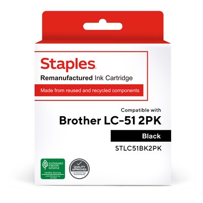 Staples Remanufactured Black Standard Yield Ink Cartridge Replacement for Brother LC51BK (TRLC51BK2PK/STLC51BK2PK), 2/Pack