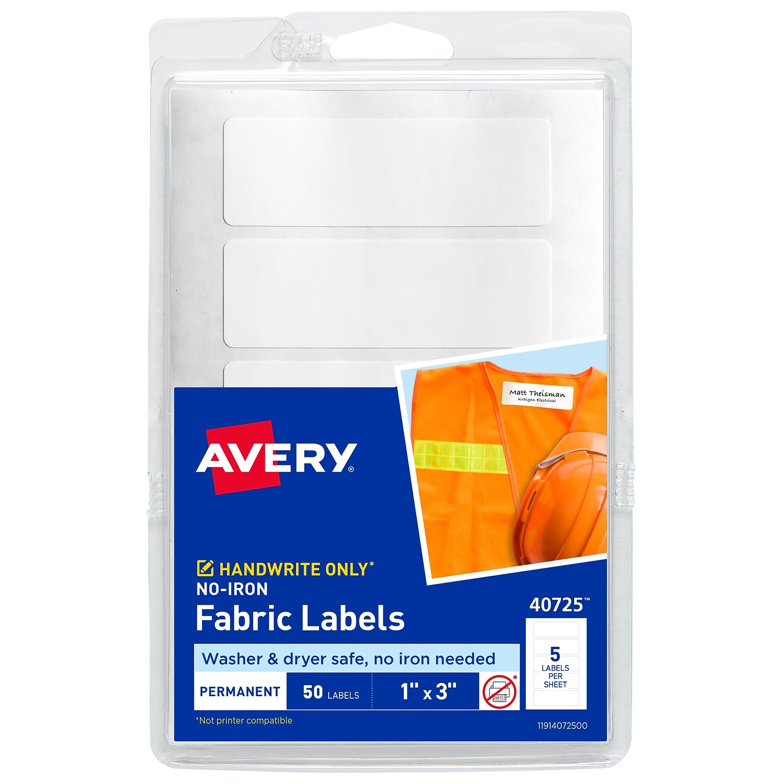 Avery No-Iron Waterproof Fabric Labels, 1 x 3, White, 50 Labels/Pack (40725)