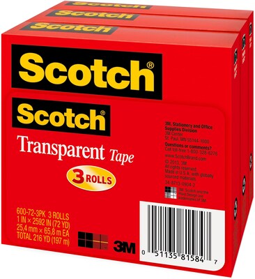 3/4x72 yds 3M Clear Scotch Tape, 3 Core, Single Roll