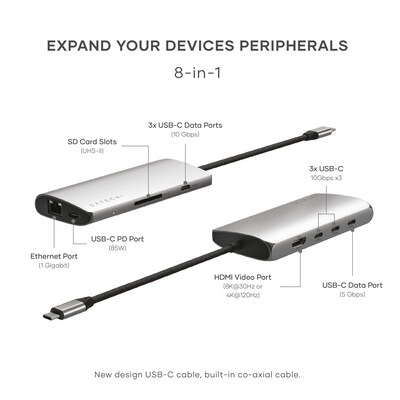 Satechi USB-C MultiPort Adapter 8K with Ethernet V3,  Space Gray (ST-P8KEM)