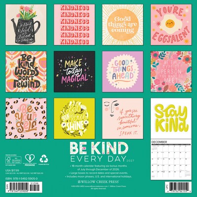 2027 Willow Creek Be Kind Every Day 12 x 12 Monthly Wall Calendar, Assorted Colors (59050)