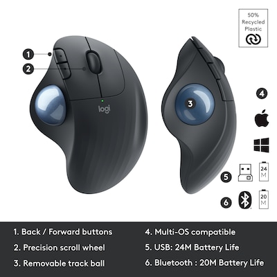 Logitech ERGO M575 Wireless Ergonomic Trackball Mouse, Black (910-007026)