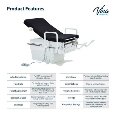 Viva Comfort Pointe Power Electric Pelvic Tilt Exam Table w/Stirrups, Knee Crutches, Hand Rails, 396lbs. Capacity, Black