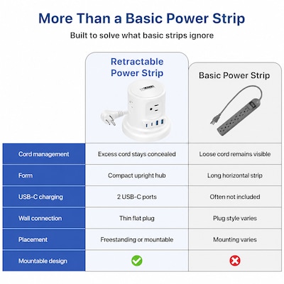 Uncaged Ergonomics Retractable Power Strip with USB-C, 4 AC Outlets, 4 USB Ports and 6ft Retractable Cord, White (RC-white)