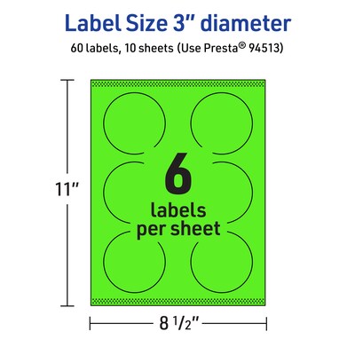 Avery Laser/Inkjet Multipurpose Circle Labels, 3" Dia., Neon Green, 60/Pack (94513)