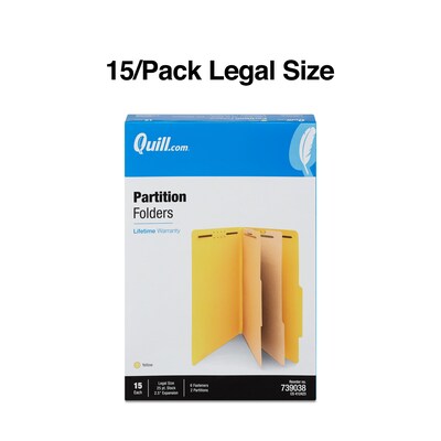 Quill Brand® 2/5-Cut Tab Pressboard Classification File Folders, 2-Partitions, 6-Fasteners, Legal, Yellow 15/Box (739038)