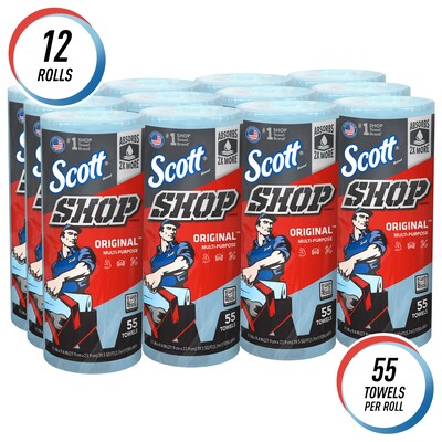 Scott Shop Original Paper Wipers, Blue, 55 sheets/Roll, 12 Rolls/Carton (75147)