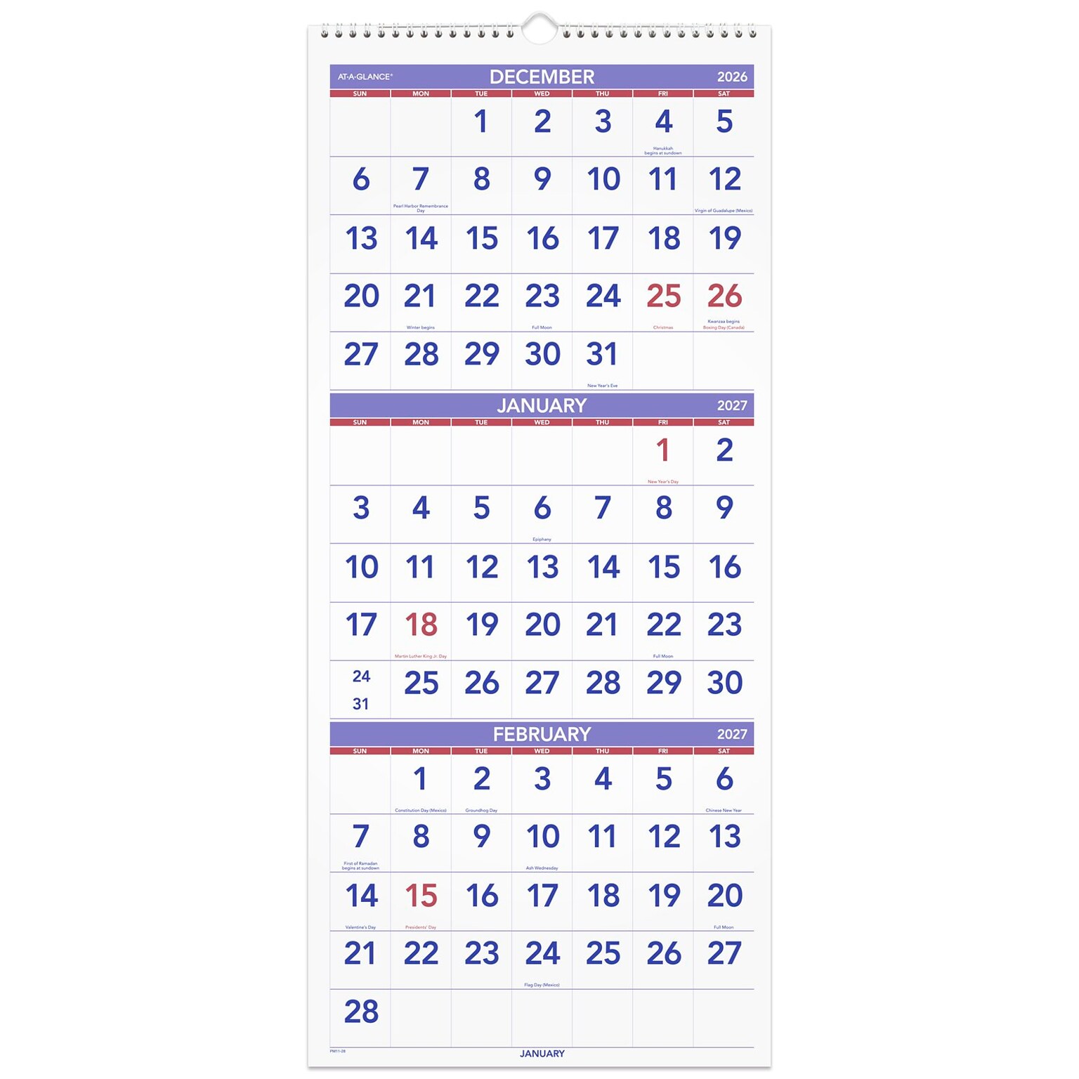 2027 AT-A-GLANCE 12 x 27 Three-Month Wall Calendar, White/Purple (PM11-28-27)