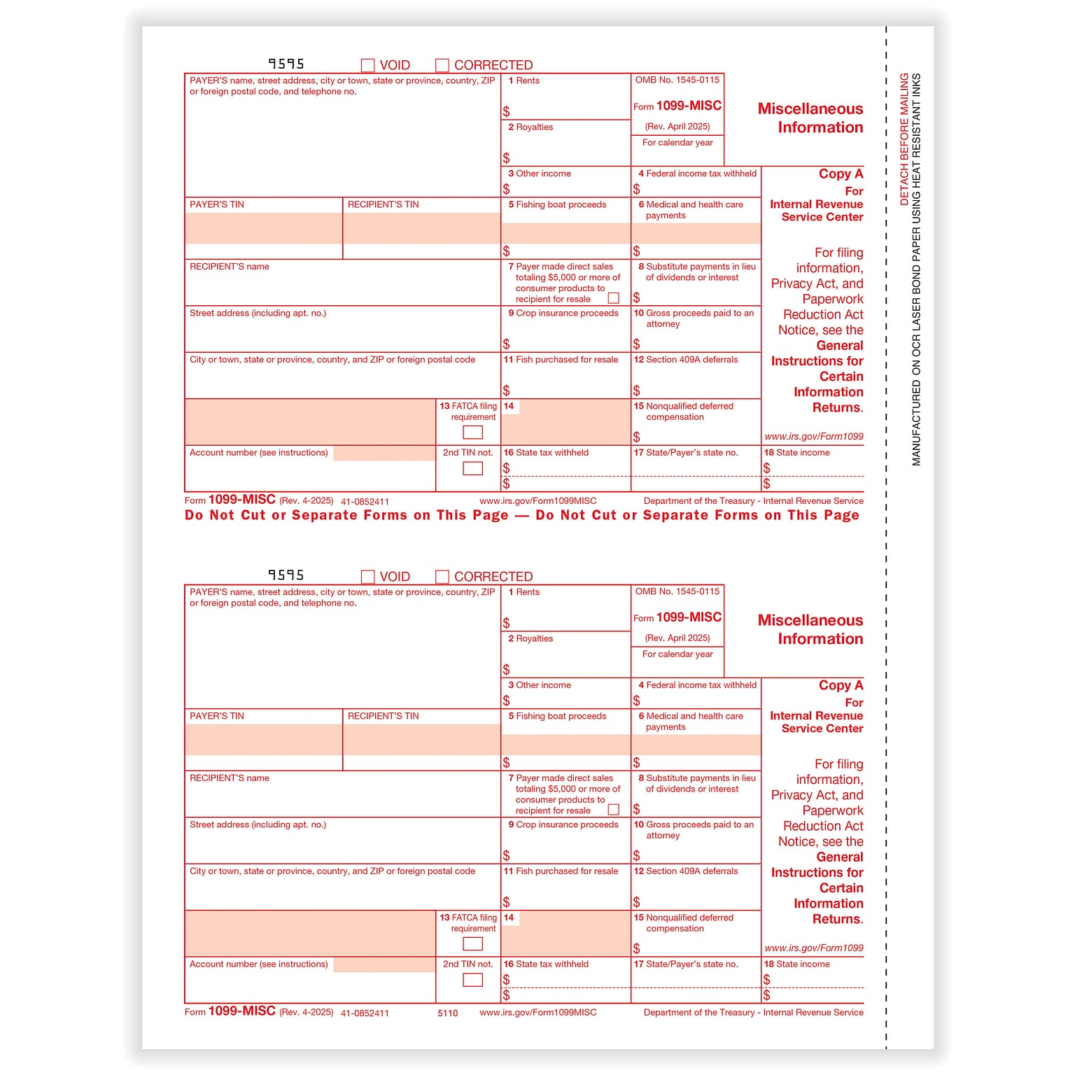 ComplyRight 2025 1099-MISC Tax Form, 1-Part, 2-Up, Federal Copy A, 50/Pack (511050)