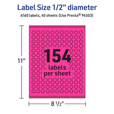 Avery Laser/Inkjet Round Multipurpose Labels, 0.5" Dia., Neon Magenta, 6160/Pack (94503)