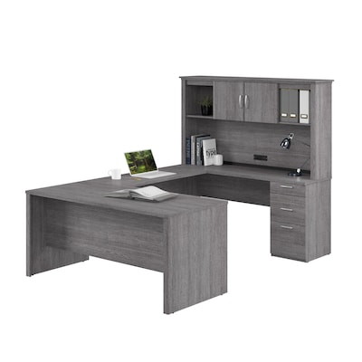 Bestar Logan 66W U or L Shaped Desk with Drawers and Hutch, Bark Grey (46410-47)