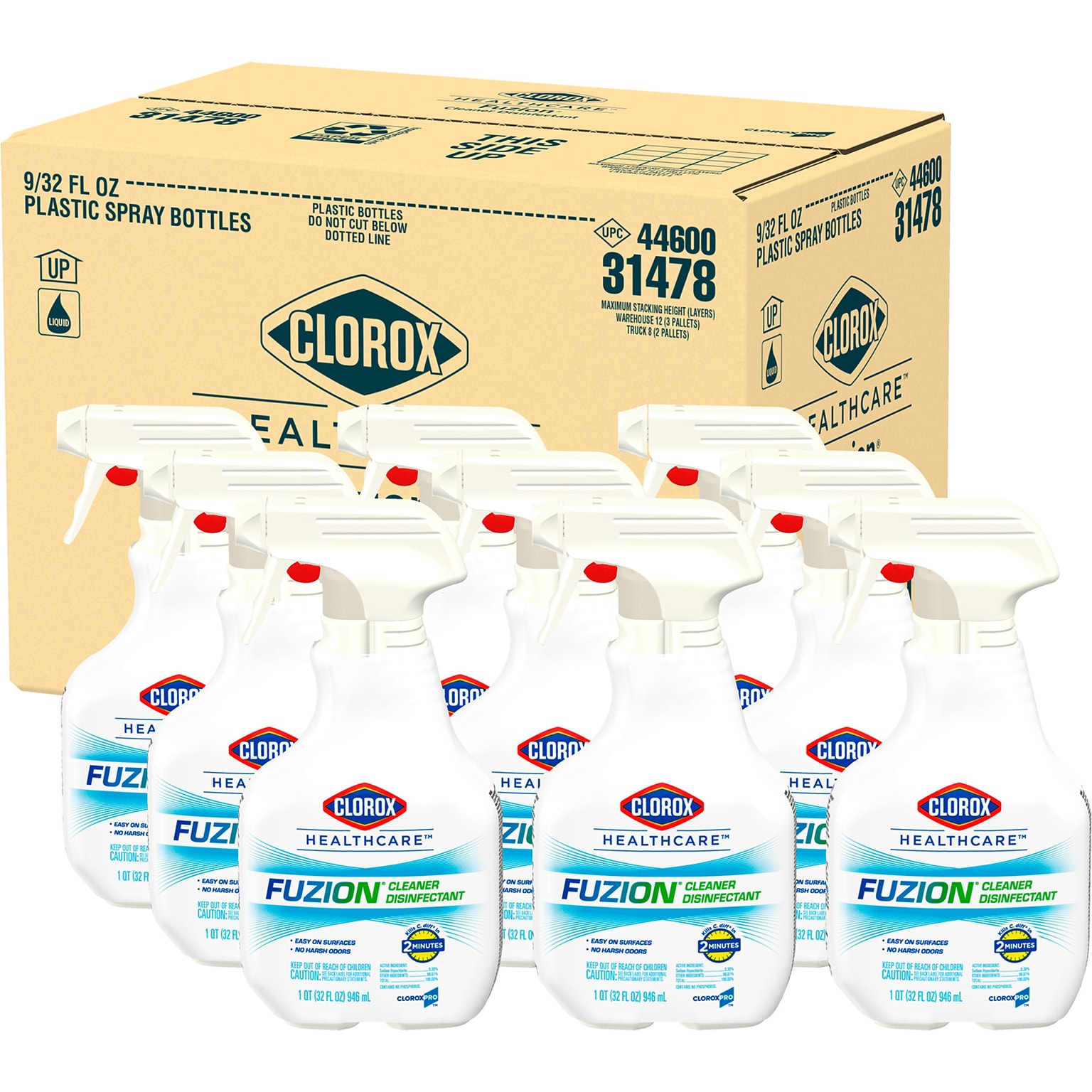Clorox Healthcare Fuzion All-Purpose Cleaners & Spray Disinfectant, Unscented, 32 oz., 9/Carton (31478CT)