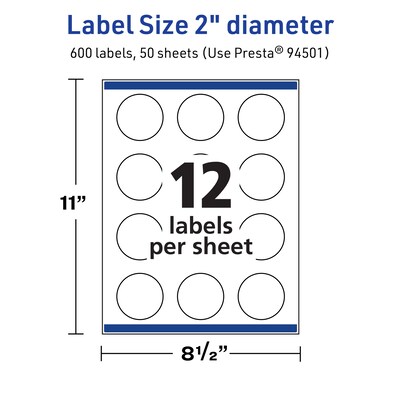 Avery TrueBlock Laser/Inkjet Circle Multipurpose Labels, 2" Dia., White, 600/Box (94501)