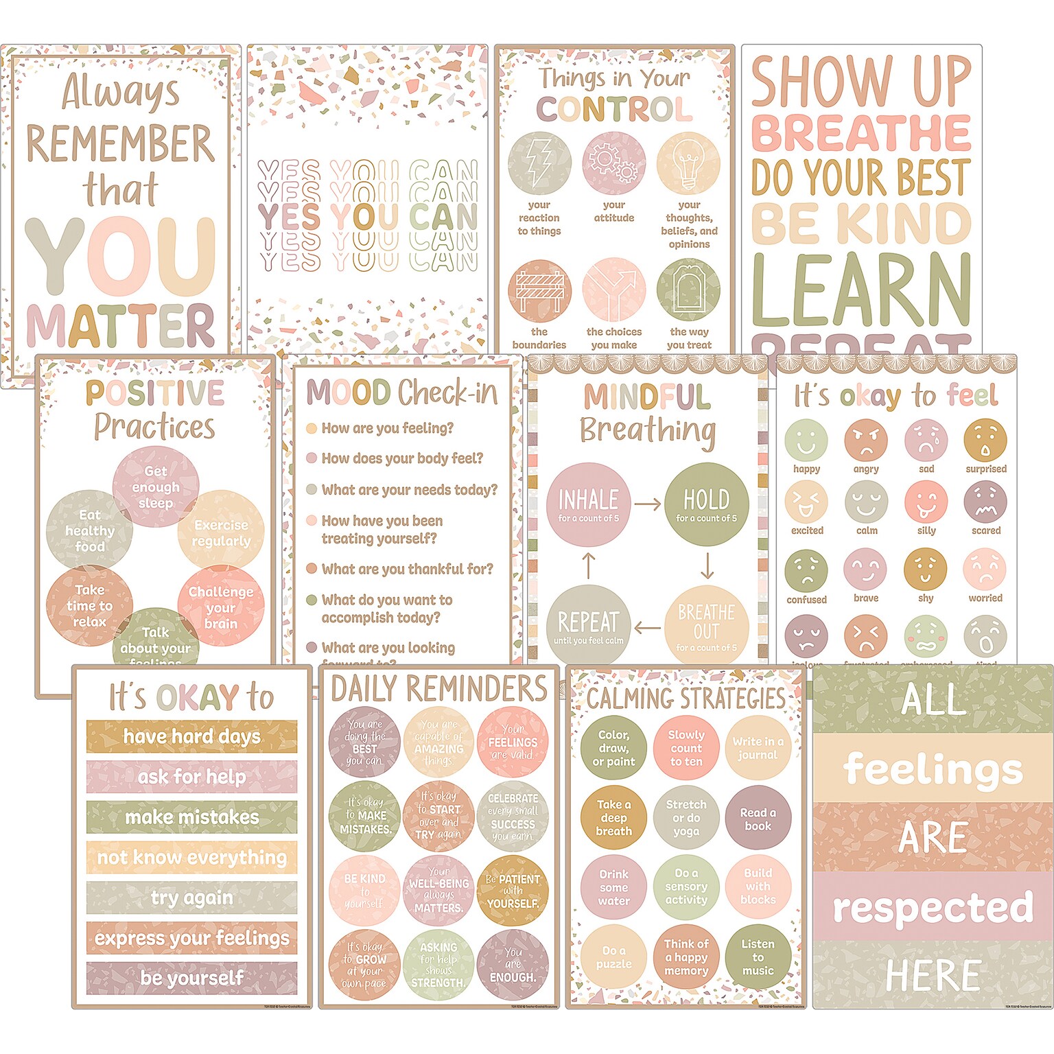 Teacher Created Resources Terrazzo Tones Positive Practices Small Poster Pack, Pack of 12 (TCR7232)