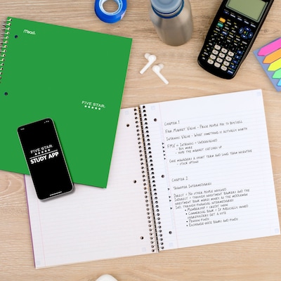 Five Star" Spiral Notebook Plus Study App, 1 Subject, College Ruled, 8.5" x 11", 6 Pack, Asst Colors (820097)