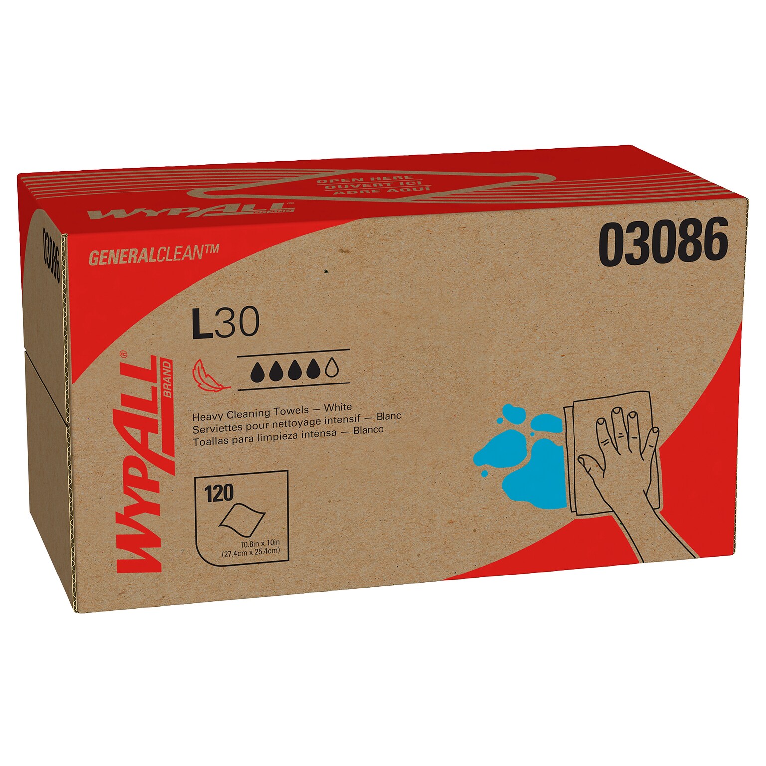 WypAll L30 DRC Wipers, 9.8W x 10L, White, 120/Box, 10 Boxes/Carton (3086)