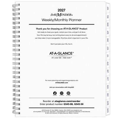 2027 AT-A-GLANCE DayMinder Executive 8.75 x 7 Weekly & Monthly Planner Refill Pages, White (G545-50-27)