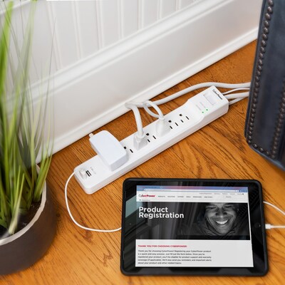 CyberPower Home Office 7-Outlet 2-USB Port Surge Protector, 4', 2000 Joules, White (P704URC1)